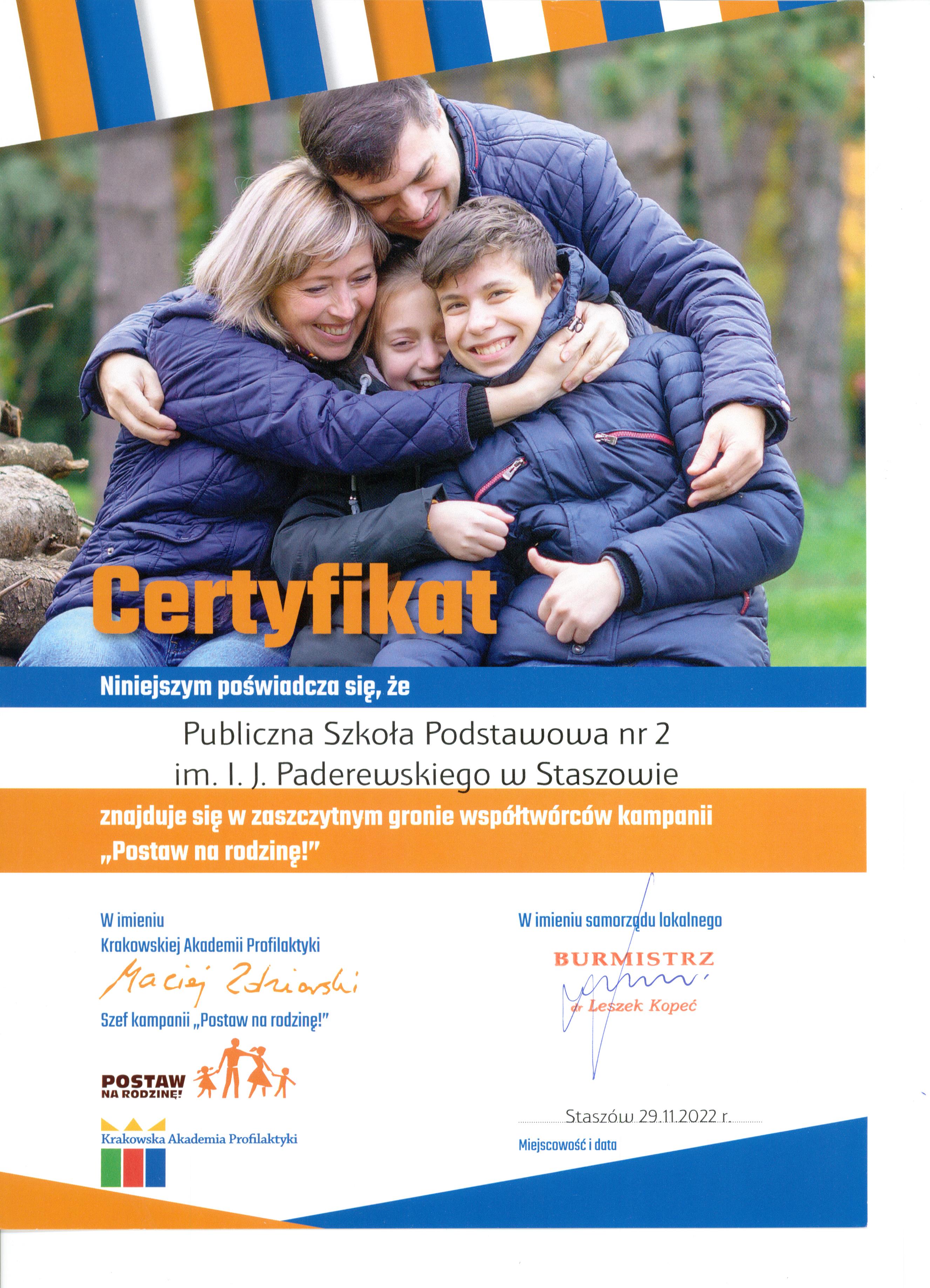 Certyfikat kampanii Postaw na rodzinę