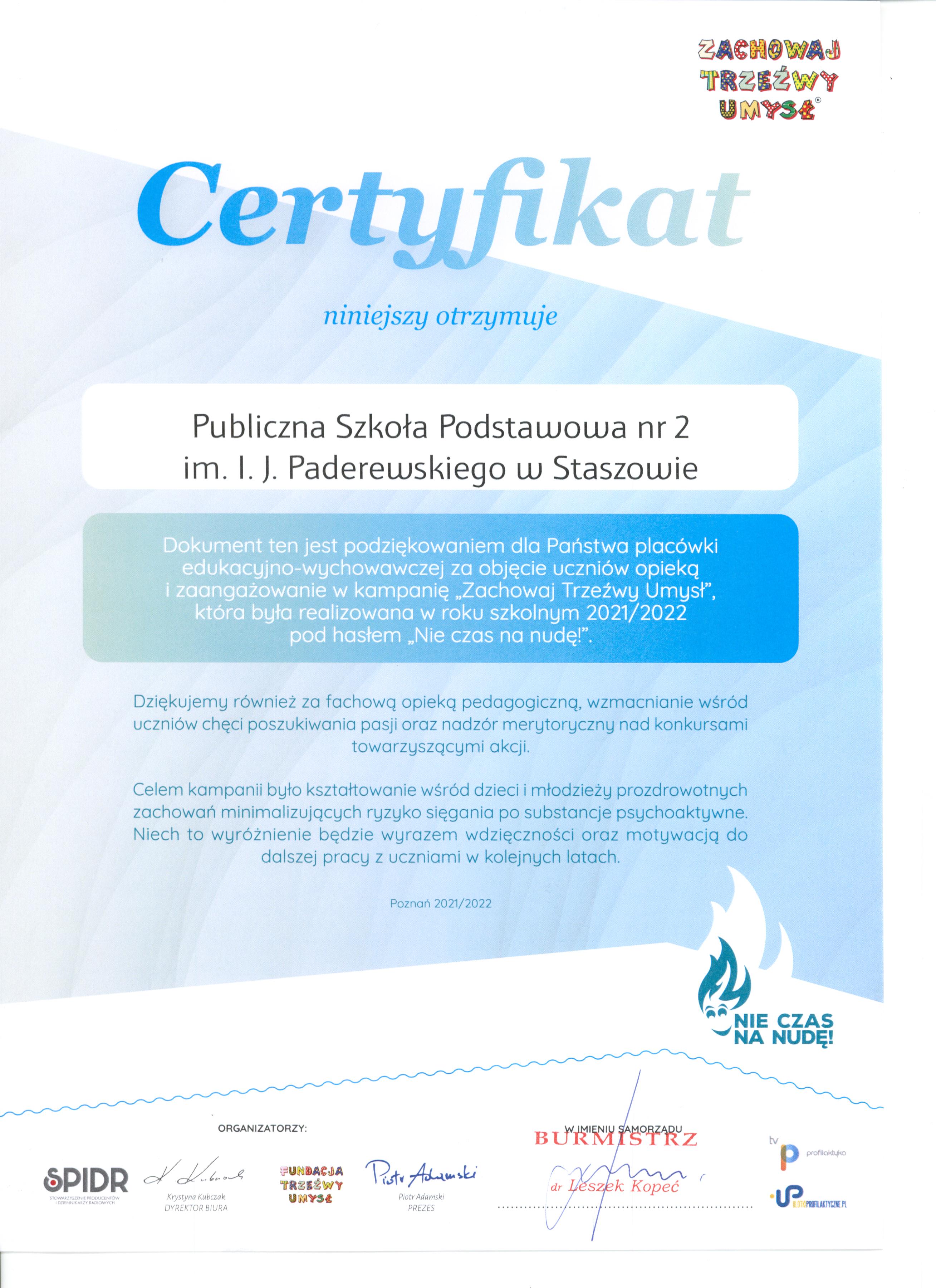 Certyfikat kampanii Zachowaj Trzeźwy Umysł