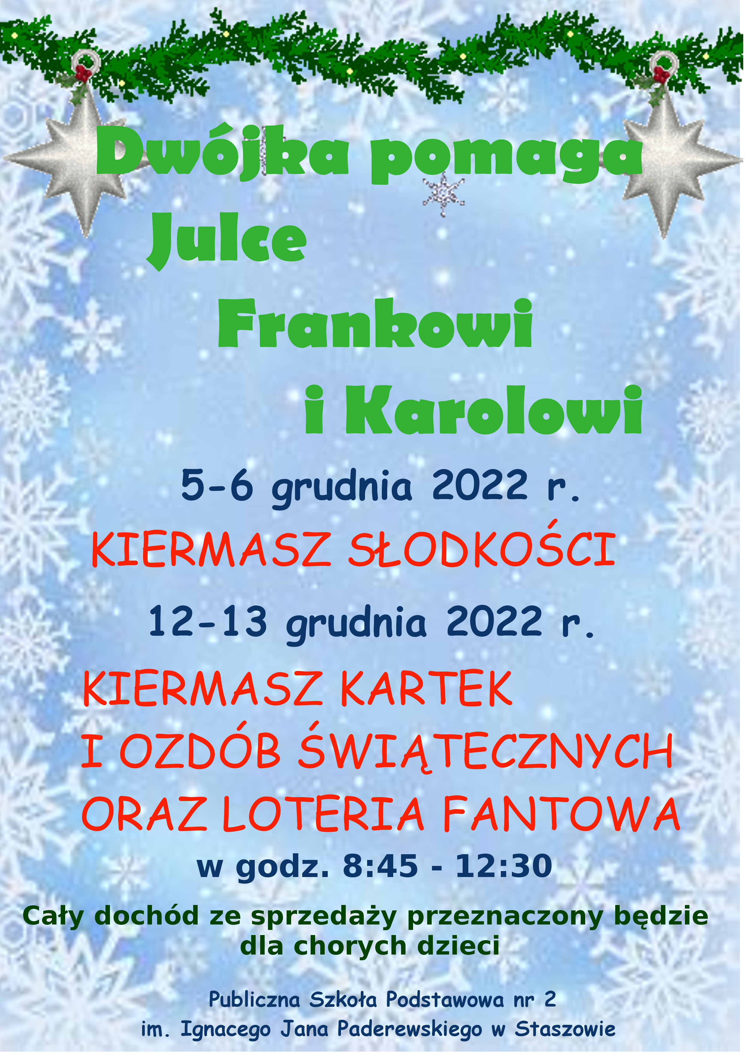 Plakat informujący o kiermaszu słodkości, kartek świątecznych, ozdób świątecznych i loterii fantowej