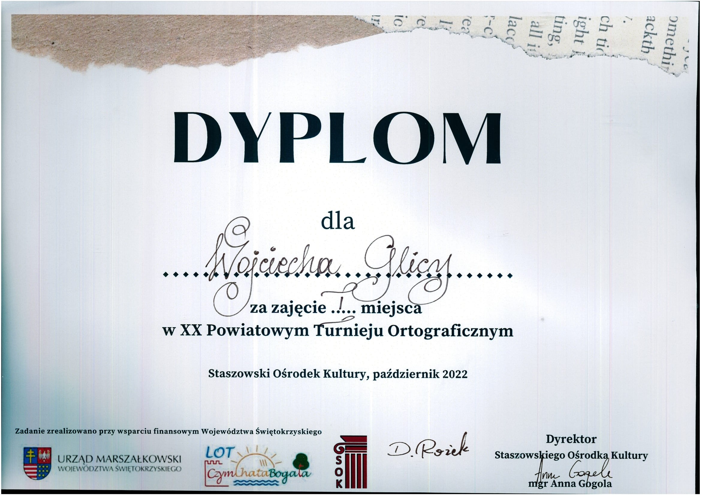 Dyplom Wojciecha Glicy