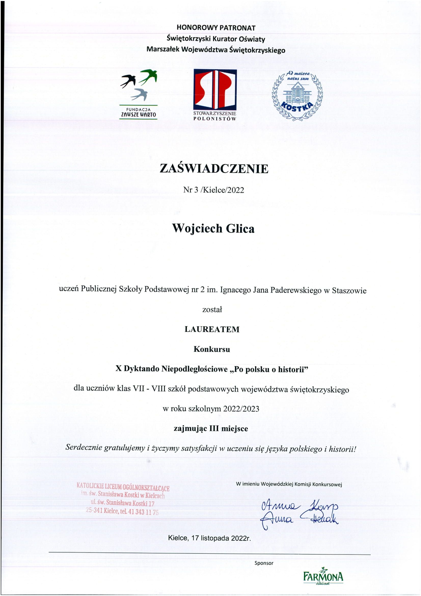 Zaświadczenie Wojciecha Glicy