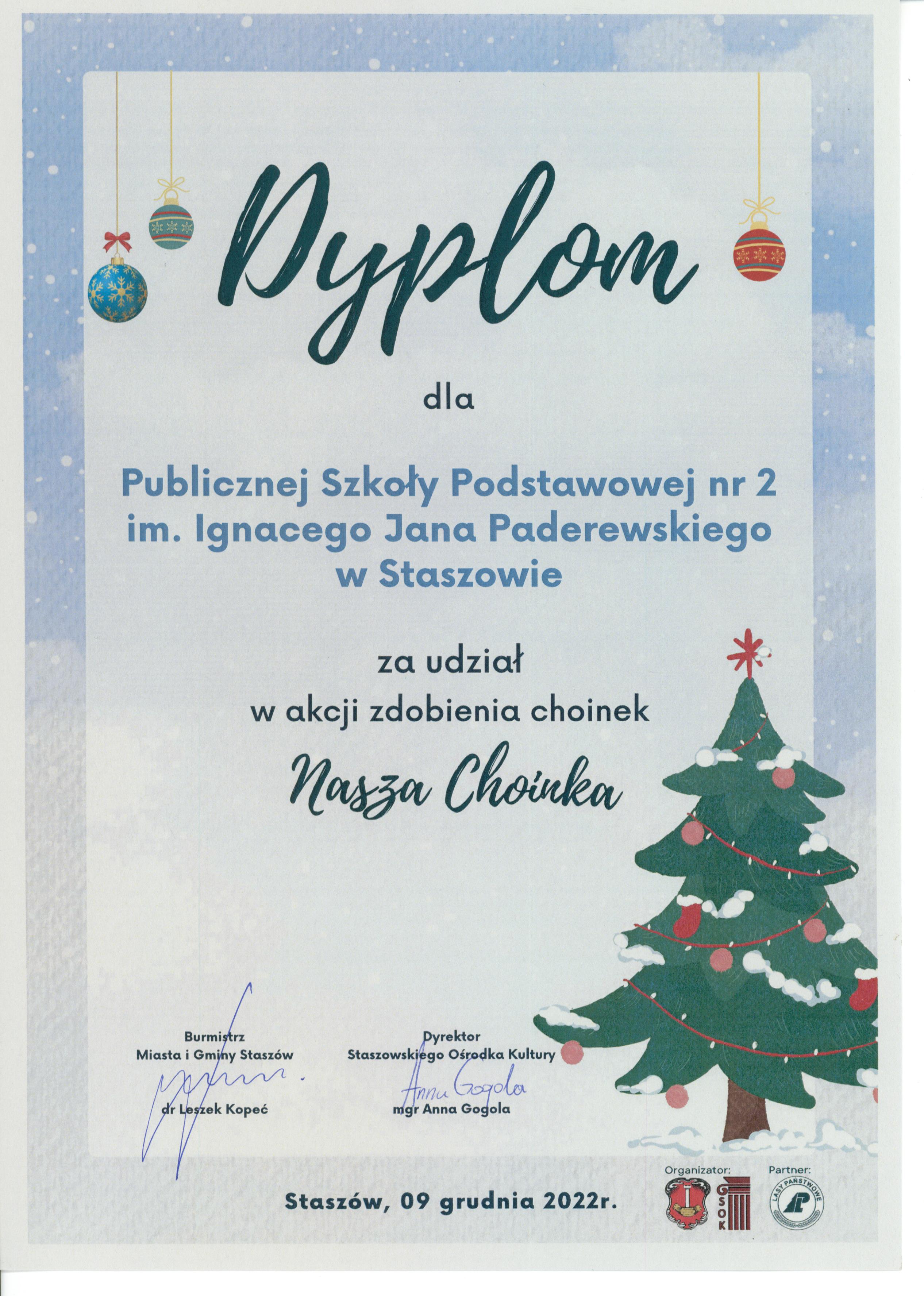 Dyplom za udział w akcji zdobienia choinek Nasza Choinka
