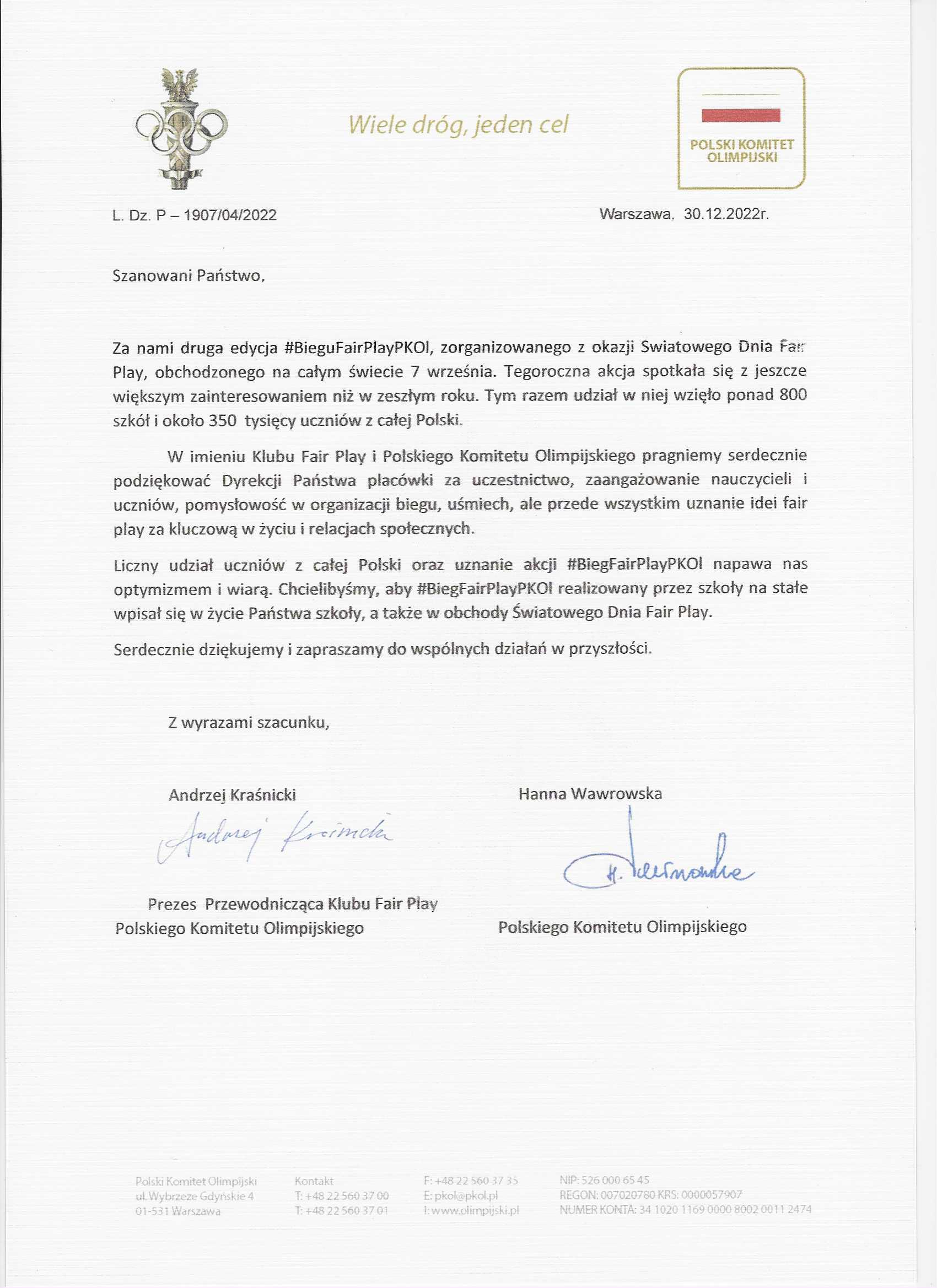 Podziękowanie za uczestnictwo w Biegu Fair Play PKOl
