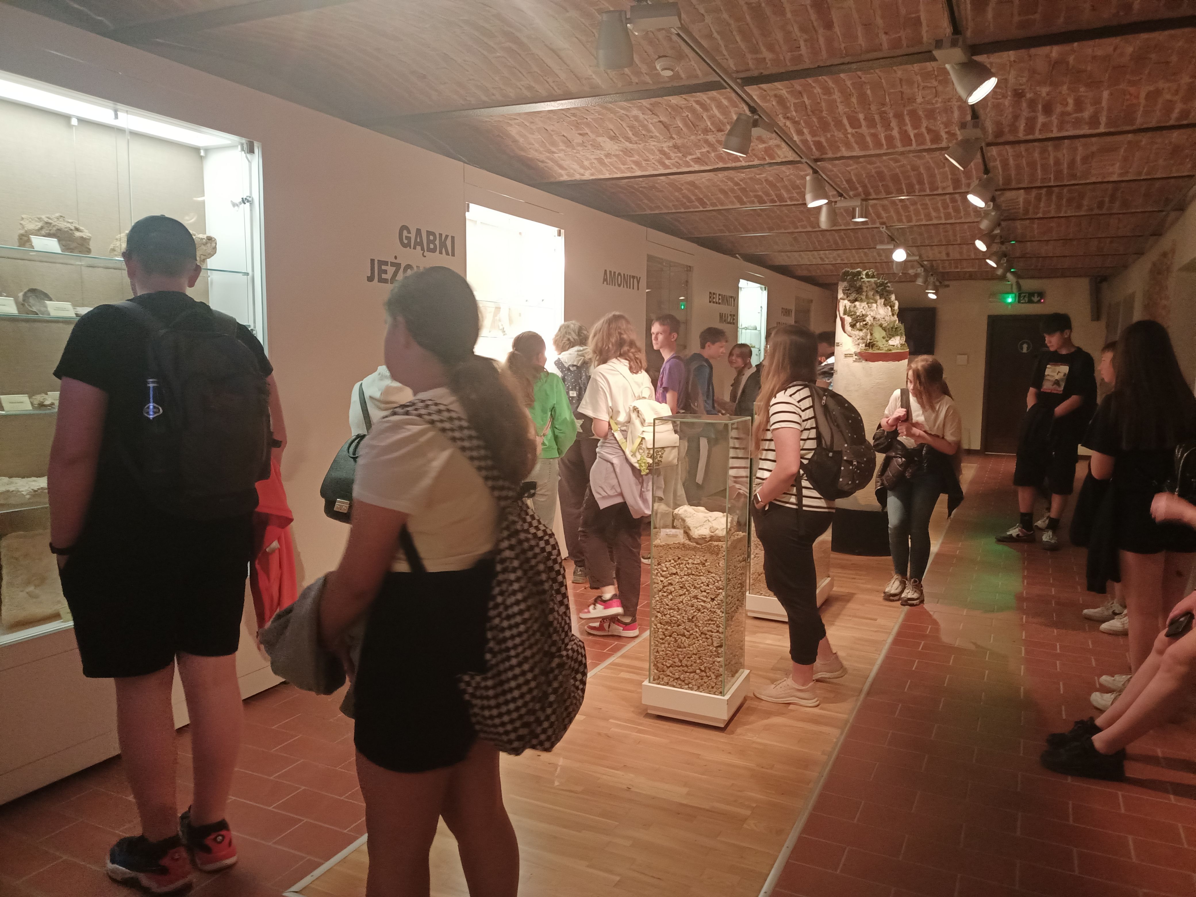 Uczniowie z zainteresowaniem oglądają eksponaty w muzeum