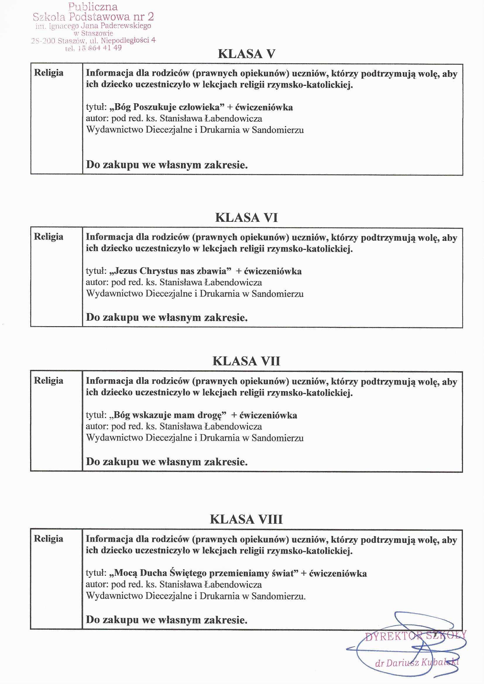 Wykaz podręczników na rok szkolny 2023/2024