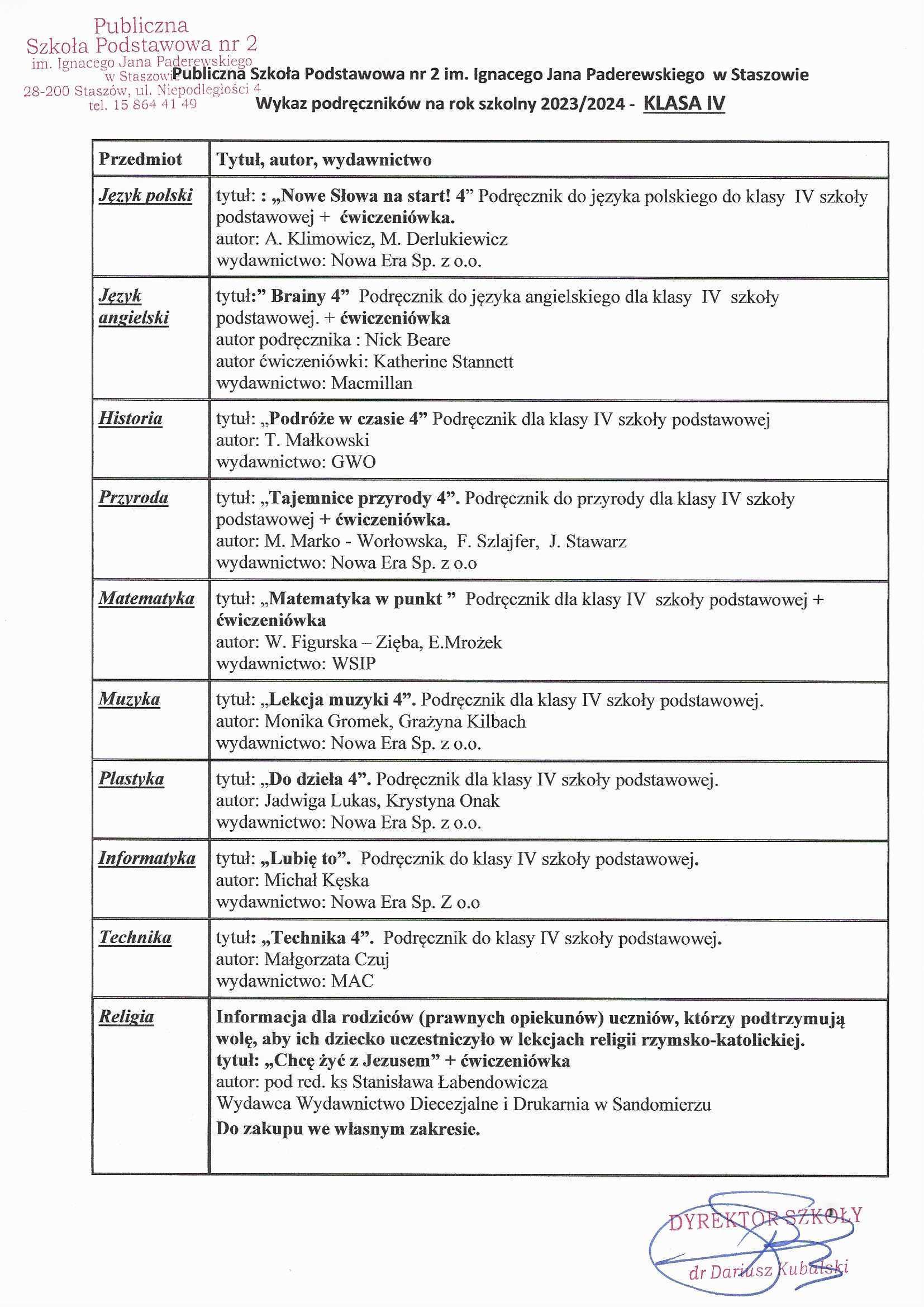 Wykaz podręczników na rok szkolny 2023/2024