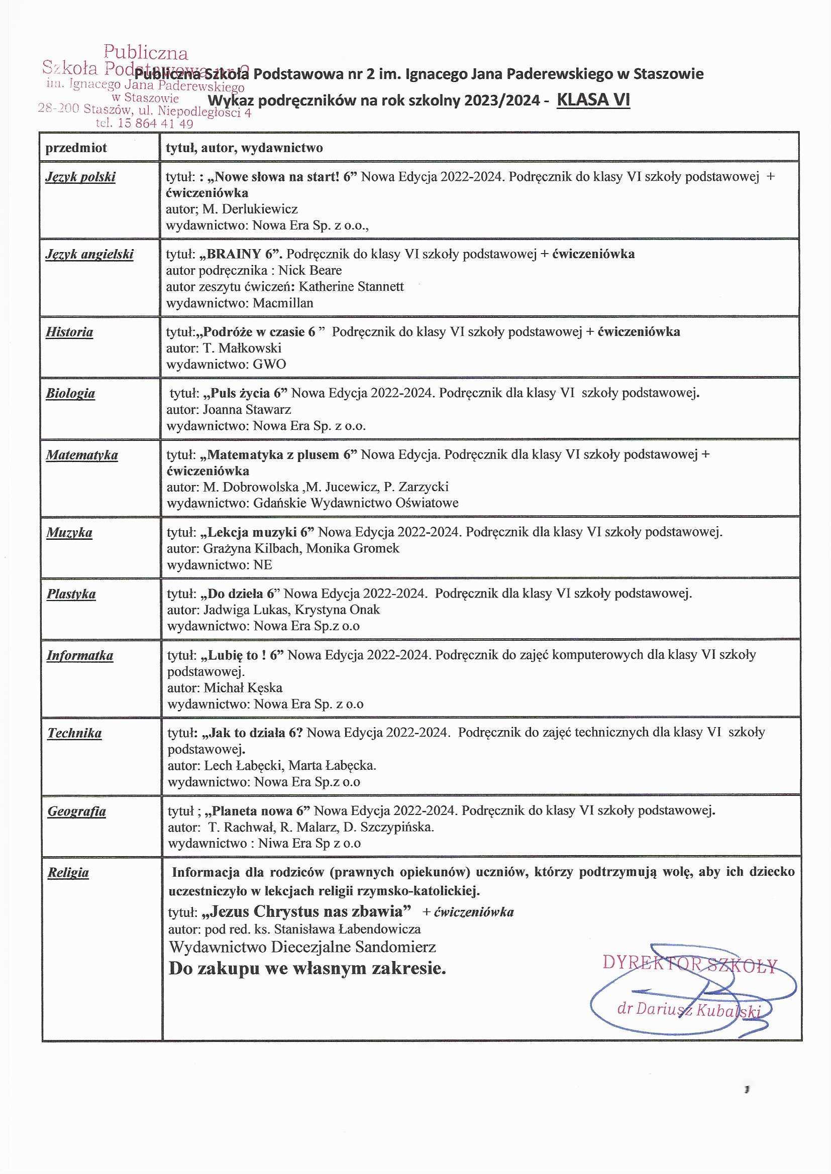Wykaz podręczników na rok szkolny 2023/2024