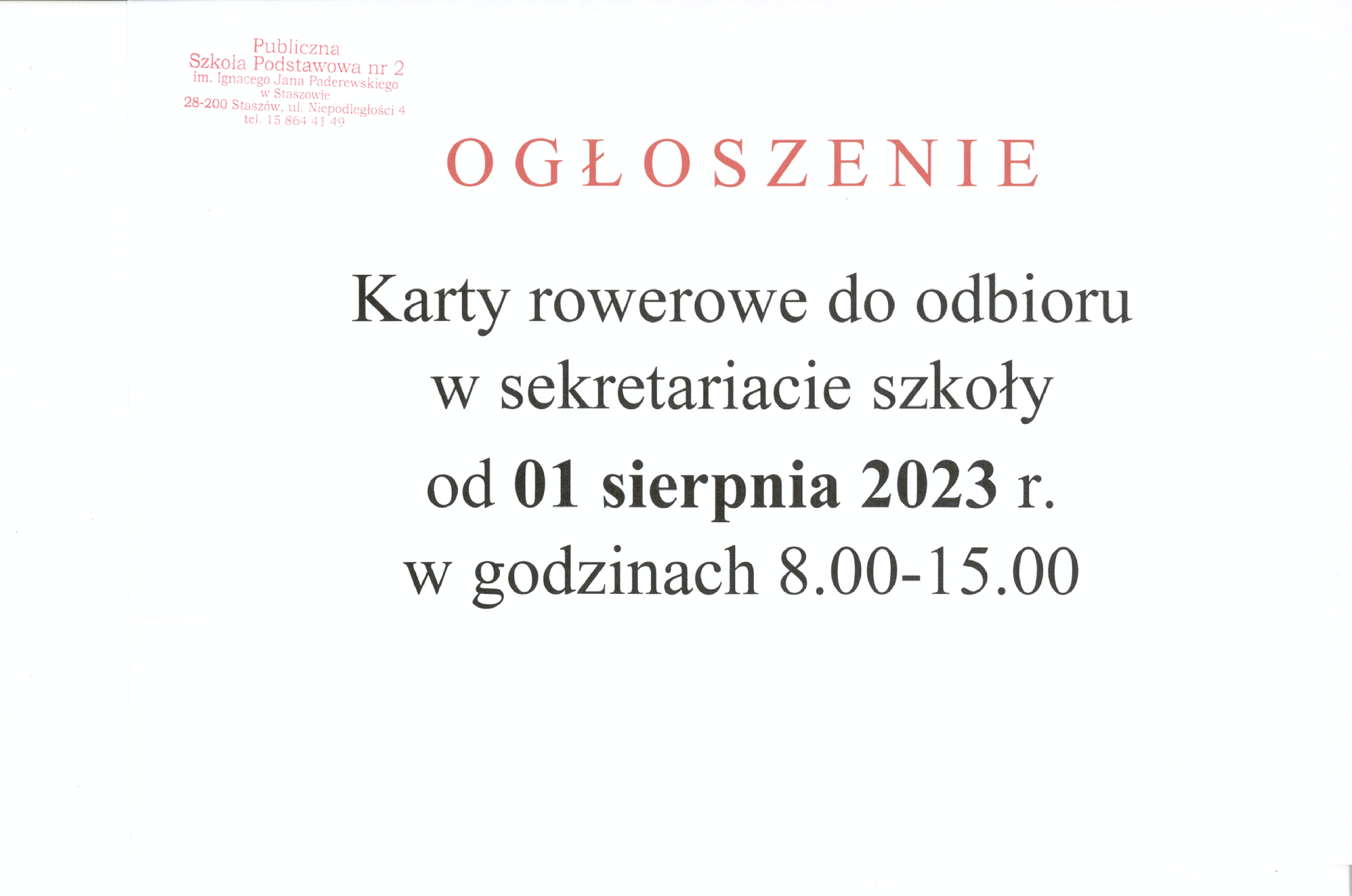 Ogłoszenie o odbiorze kart rowerowych